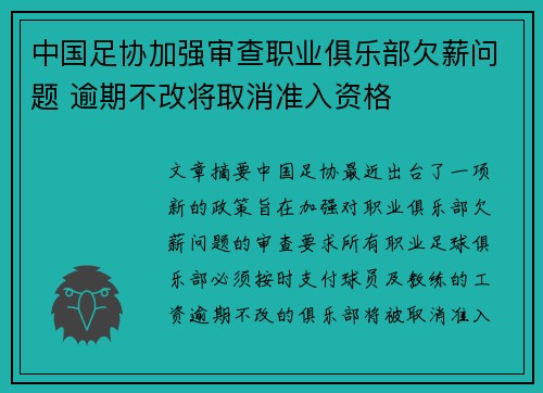 中国足协加强审查职业俱乐部欠薪问题 逾期不改将取消准入资格