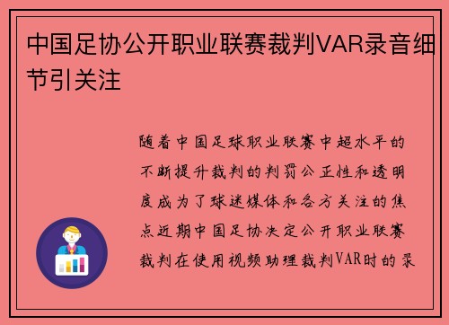 中国足协公开职业联赛裁判VAR录音细节引关注 中国足协公开职业联赛裁判VAR录音细节引关注